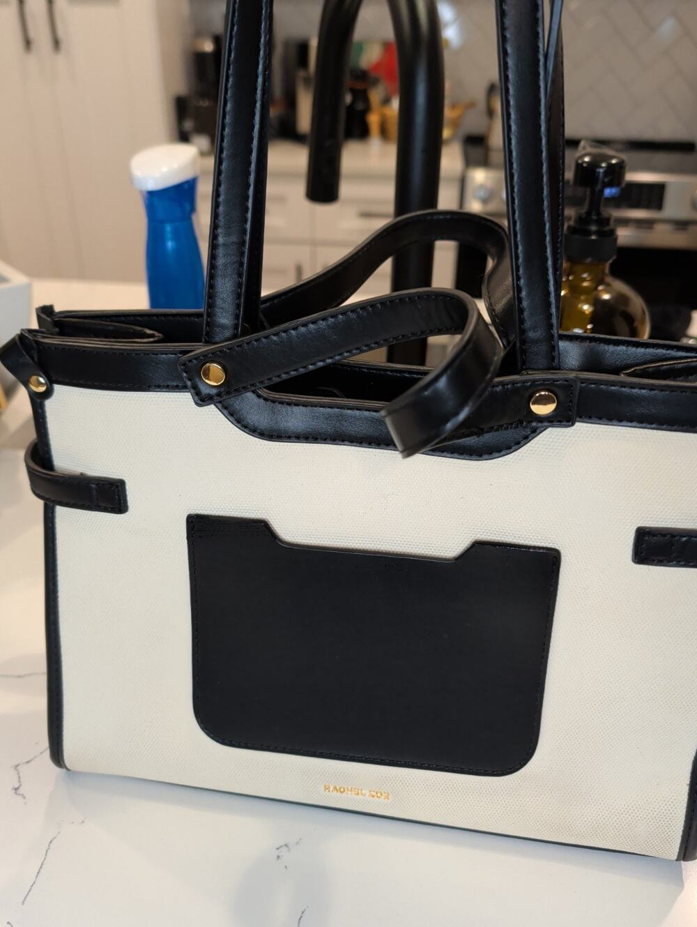 Rachel Zoe Canvas Tote Bag Black Cream Top Handle Shoulder Purse Satchel NWT